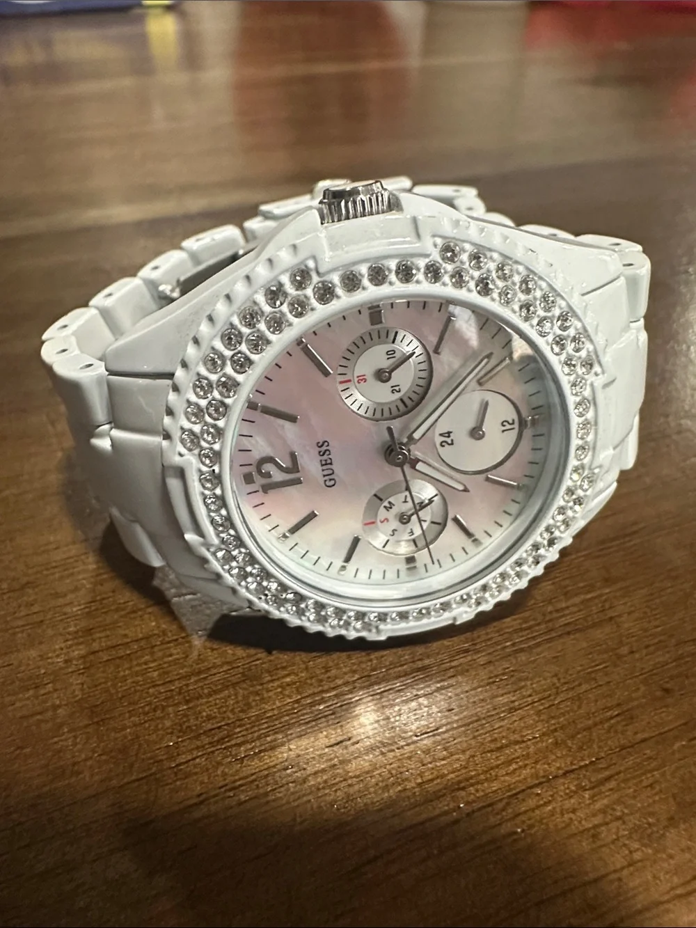 GUESS White & Crystal Waterpro Watch G12543L - Good Condition